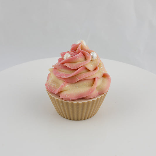 cream and pink colored cupcake shaped soap with a rose on top and pearls