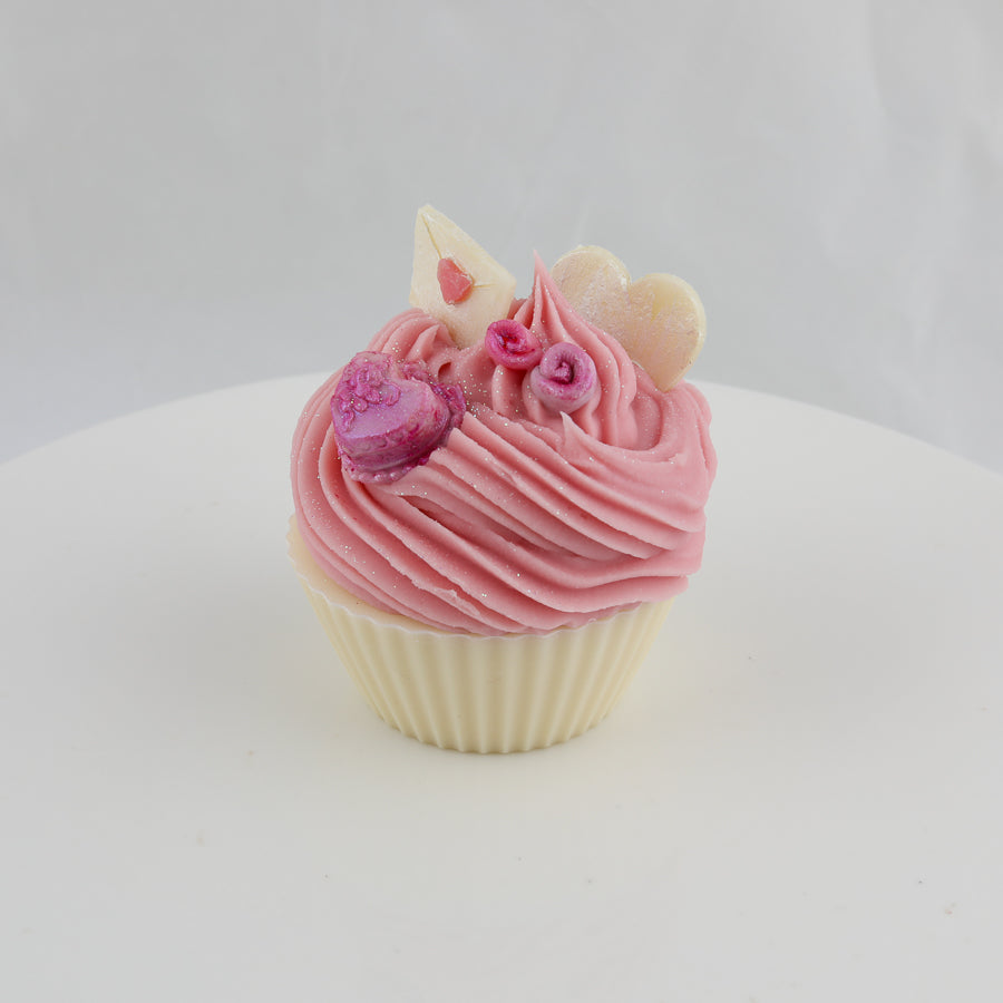 cream and pink colored cupcake shaped soap with a heart, roses, and envelope on top