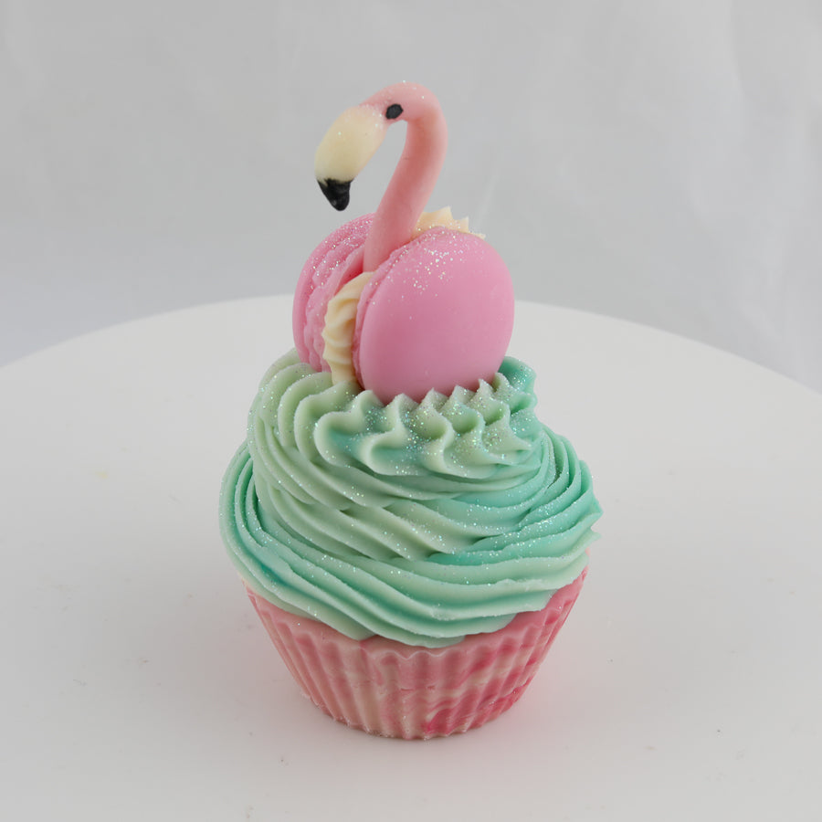 pink and green, cupcake shaped soap with a pink flamingo on top