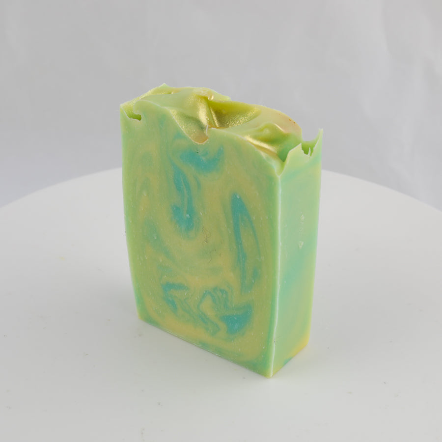 yellow, blue, and green swirl bar of soap