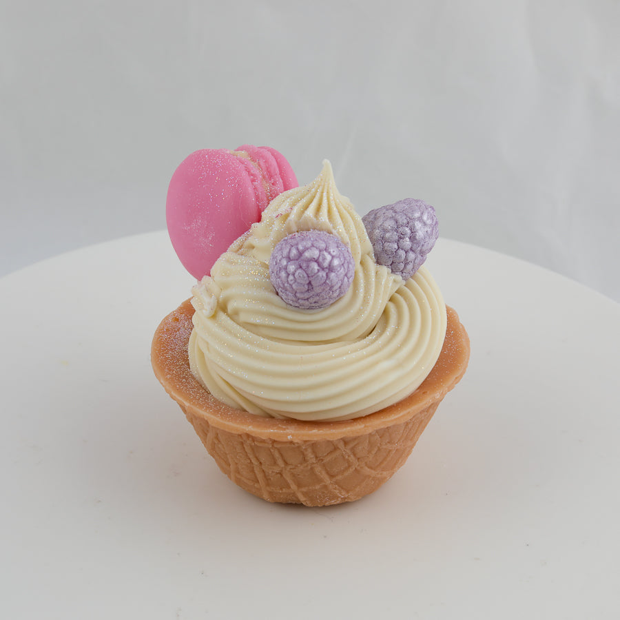 cream and brown waffle bowl soap with raspberries and a pink macaroon on top