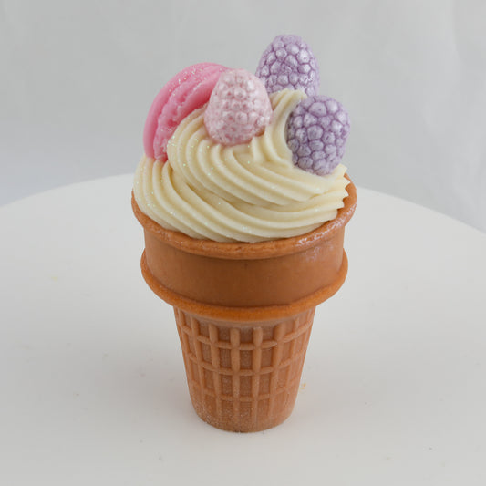 cream and brown waffle cone soap with raspberries and a pink macaroon on top
