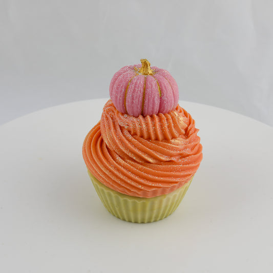 green, orange and pink cupcake shaped soap with a pink and gold pumpkin on top